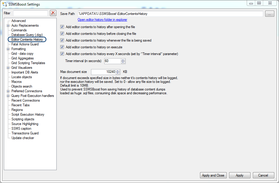 SSMS editor history settings