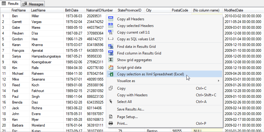 Copy Results Grid data to Excel