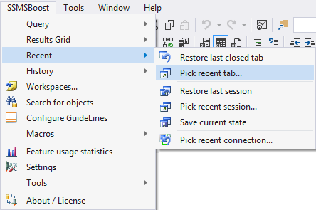 SSMSBoost Recent tabs