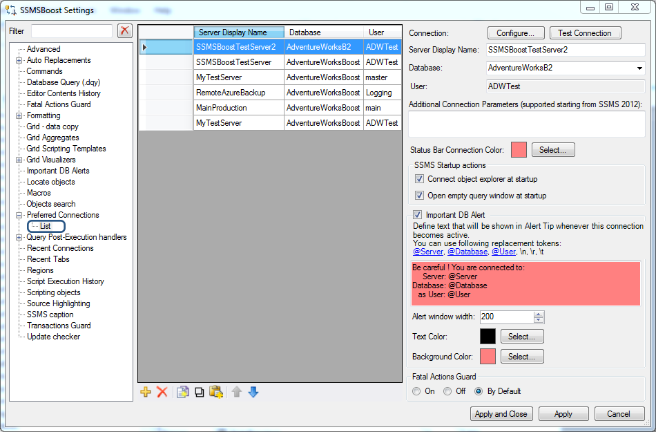 Preferred connections list in SSMS with SSMSBoost add-in