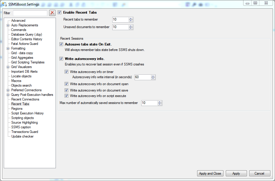 SSMSBoost Recent tabs