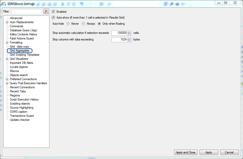 SSMS results grid aggregates